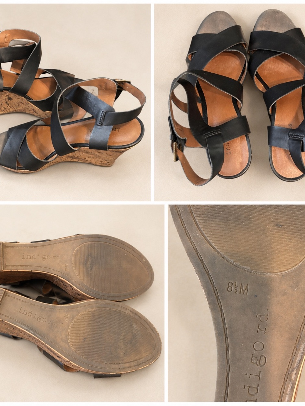 Indigo Black Leather Cork Wedge Sandals